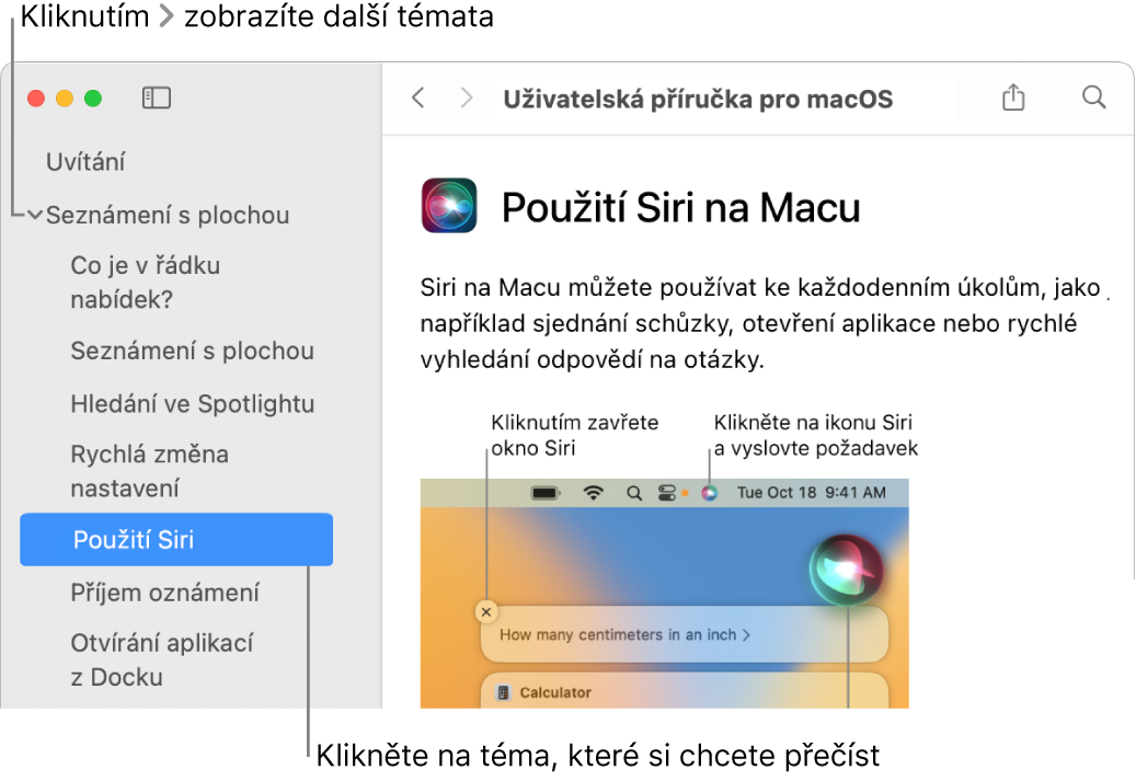 Prohlížeč nápovědy s popisky informujícími o tom, jak zobrazit témata na bočním panelu a jak otevřít obsah tématu