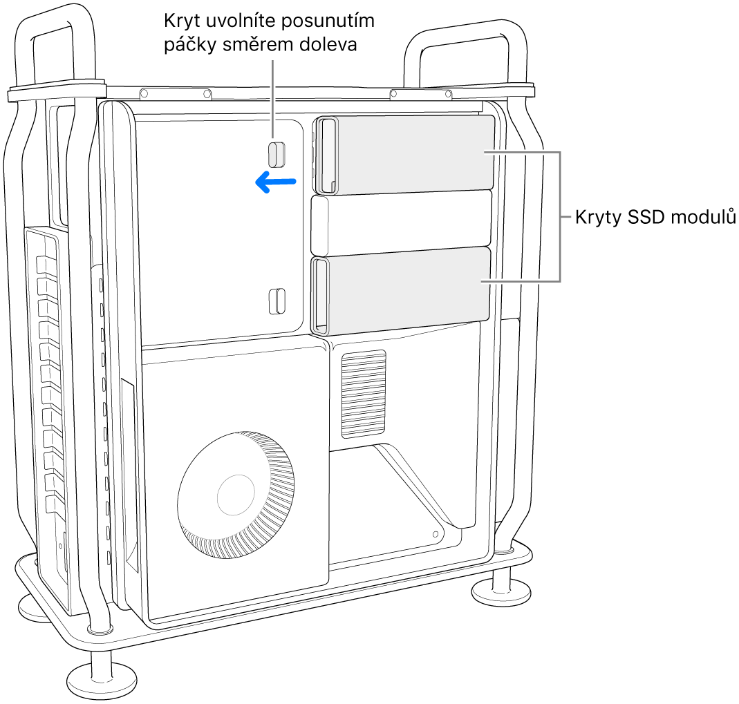 Odjištění krytu SSD modulu přesunutím západky doleva