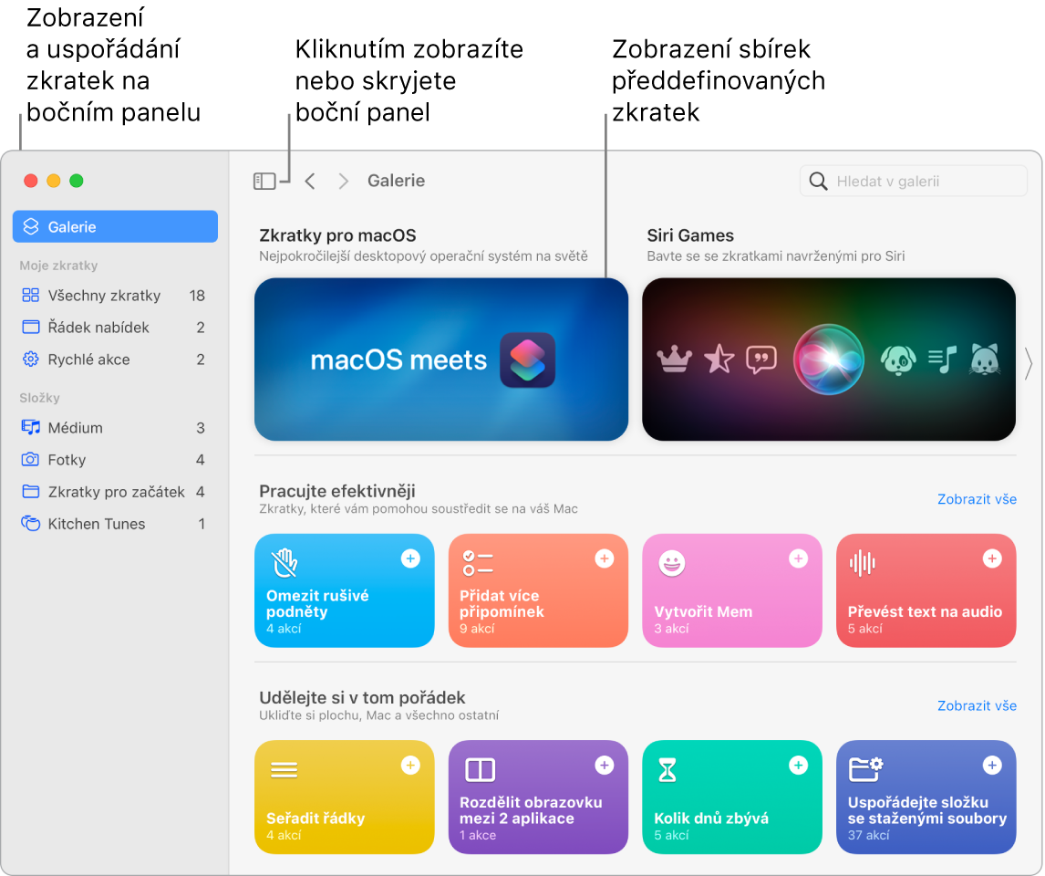 Okno aplikace Zkratky s otevřeným bočním panelem vlevo a galerií vpravo Tlačítko Boční panel a navigační šipky vlevo nahoře nad galerií a pole hledání vpravo nahoře