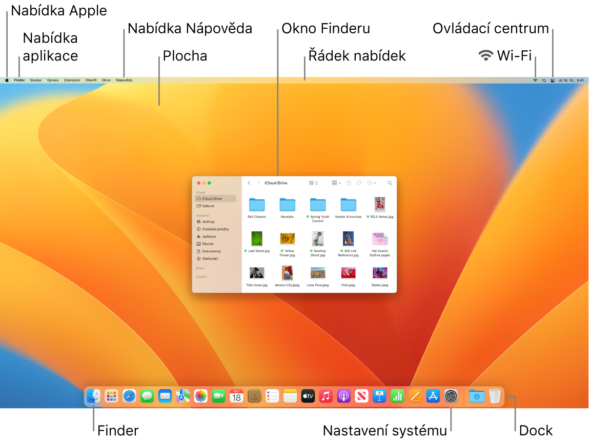 Obrazovka Macu s nabídkou Apple, nabídkou aplikací, nabídkou Nápověda, plochou, řádkem nabídek, oknem Finderu, ikonou Wi‑Fi, ikonou Ovládacího centra, ikonou Finderu, ikonou Nastavení systému a Dockem
