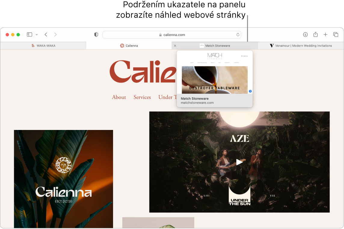 Okno Safari s aktivní webovou stránkou nazvanou Calienna s dalšími třemi panely a popiskem náhledu panelu Match Stoneware s textem „Chcete‑li zobrazit náhled obsahu webové stránky, ponechte na panelu ukazatel“