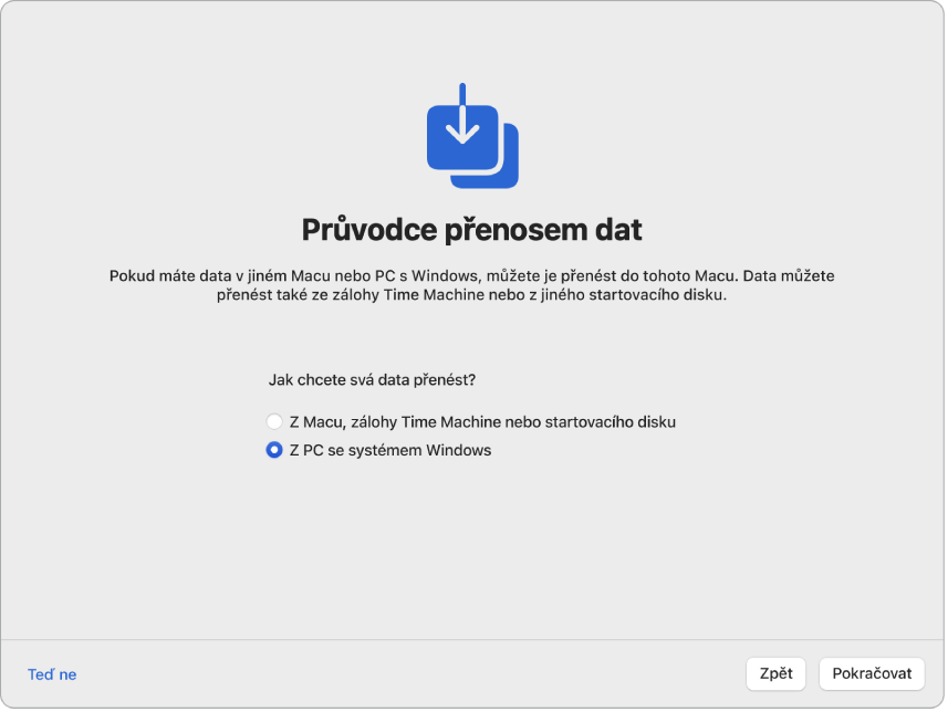 Obrazovka Průvodce nastavením s nadpisem „Průvodce přenosem dat“. Na obrazovce je zaškrtnuté políčko přenosu dat z PC s Windows.