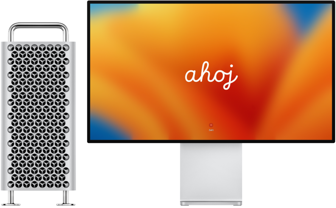 Mac Pro a monitor Pro Display XDR vedle sebe; na monitoru je vidět slovo „hello“