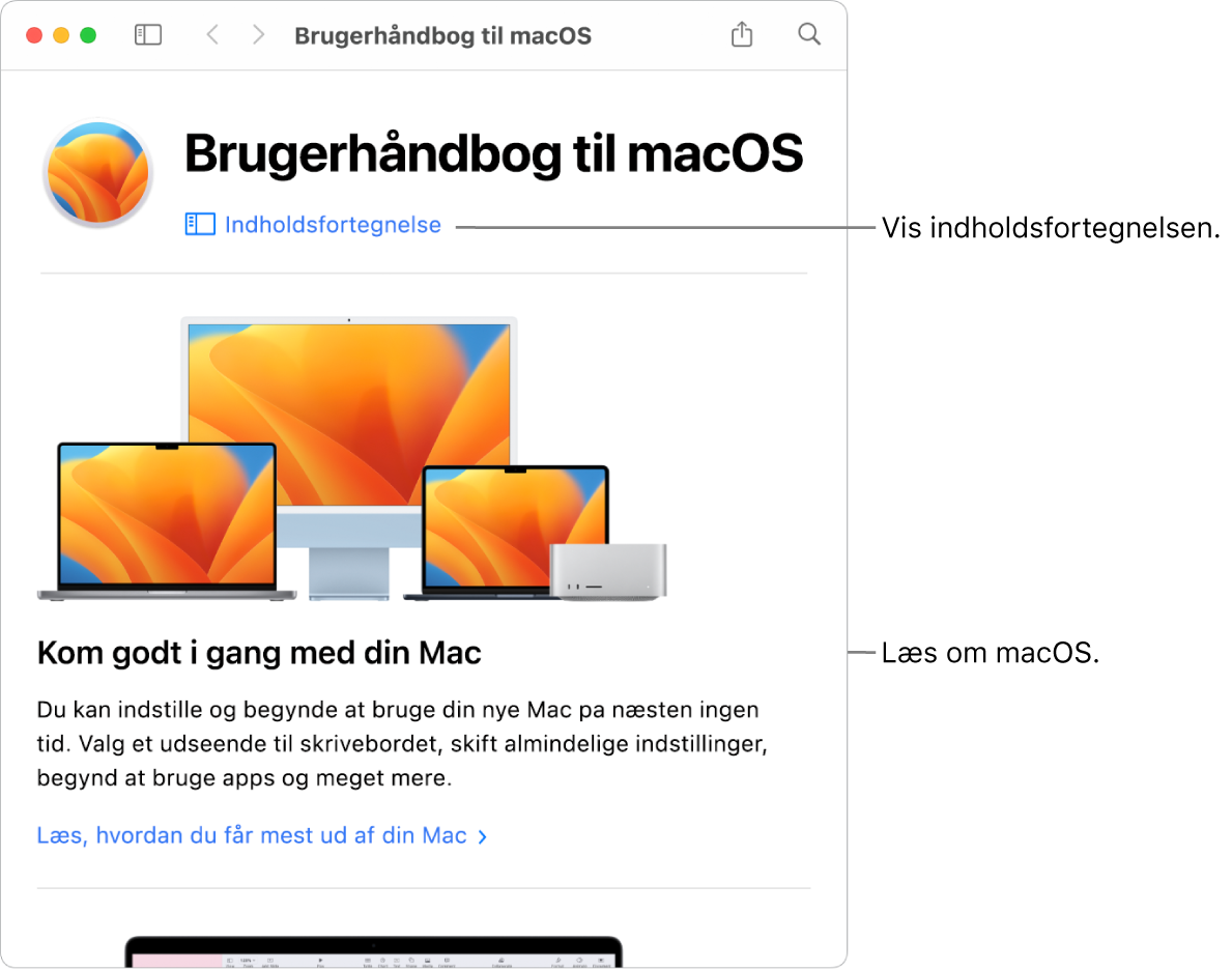 Velkomstsiden i Brugerhåndbog til macOS, der viser linket Indholdsfortegnelse.