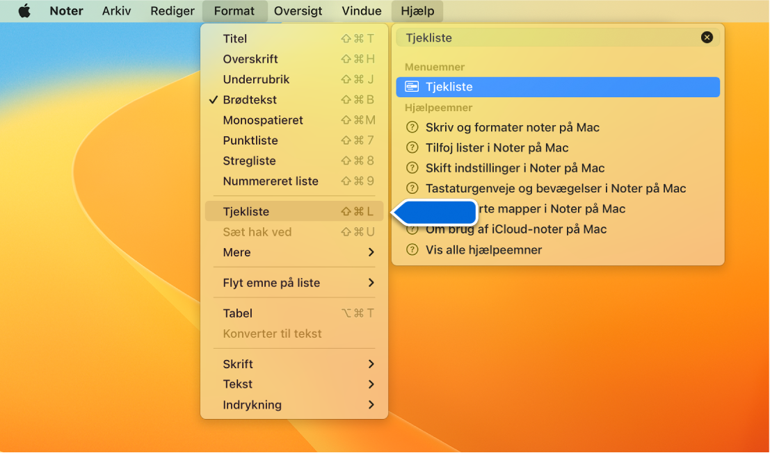 Hjælpemenuen viser en søgning efter “tjekliste”, og Tjekliste er fremhævet på Formatmenuen.