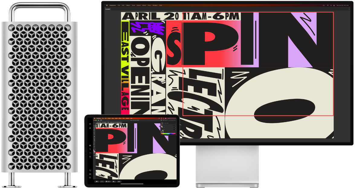 En Mac Pro og en iPad side om side. Mac Pro viser grafik i navigatorvinduet i Illustrator. iPad viser den grafik i dokumentvinduet i Illustrator, omgivet af værktøjslinjer.