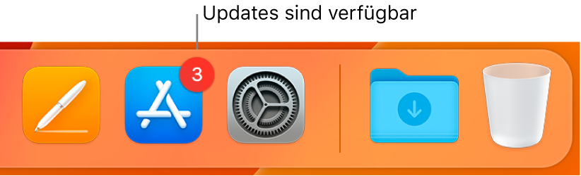 Ein Abschnitt im Dock mit dem App Store-Symbol, das mit einem Kennzeichen versehen ist, das anzeigt, dass Updates verfügbar sind