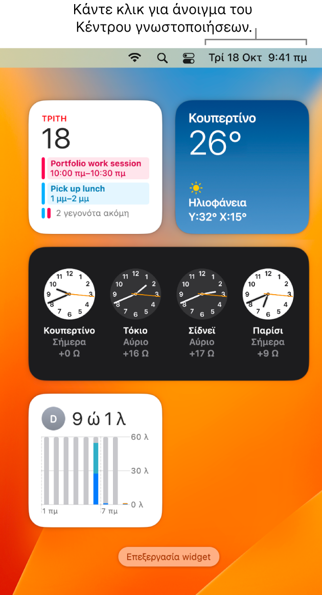 Το Κέντρο γνωστοποιήσεων με γνωστοποιήσεις και widget για το Ημερολόγιο, τον Καιρό, το Ρολόι και τον Χρόνο επί οθόνης.