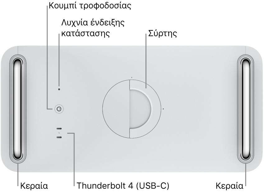 Το πάνω μέρος του Mac Pro, όπου φαίνονται το κουμπί τροφοδοσίας, η ενδεικτική λυχνία κατάστασης, ο σύρτης κλειδώματος, δύο θύρες Thunderbolt 4 (USB-C), και δύο κεραίες, μία στα αριστερά και μία στα δεξιά.