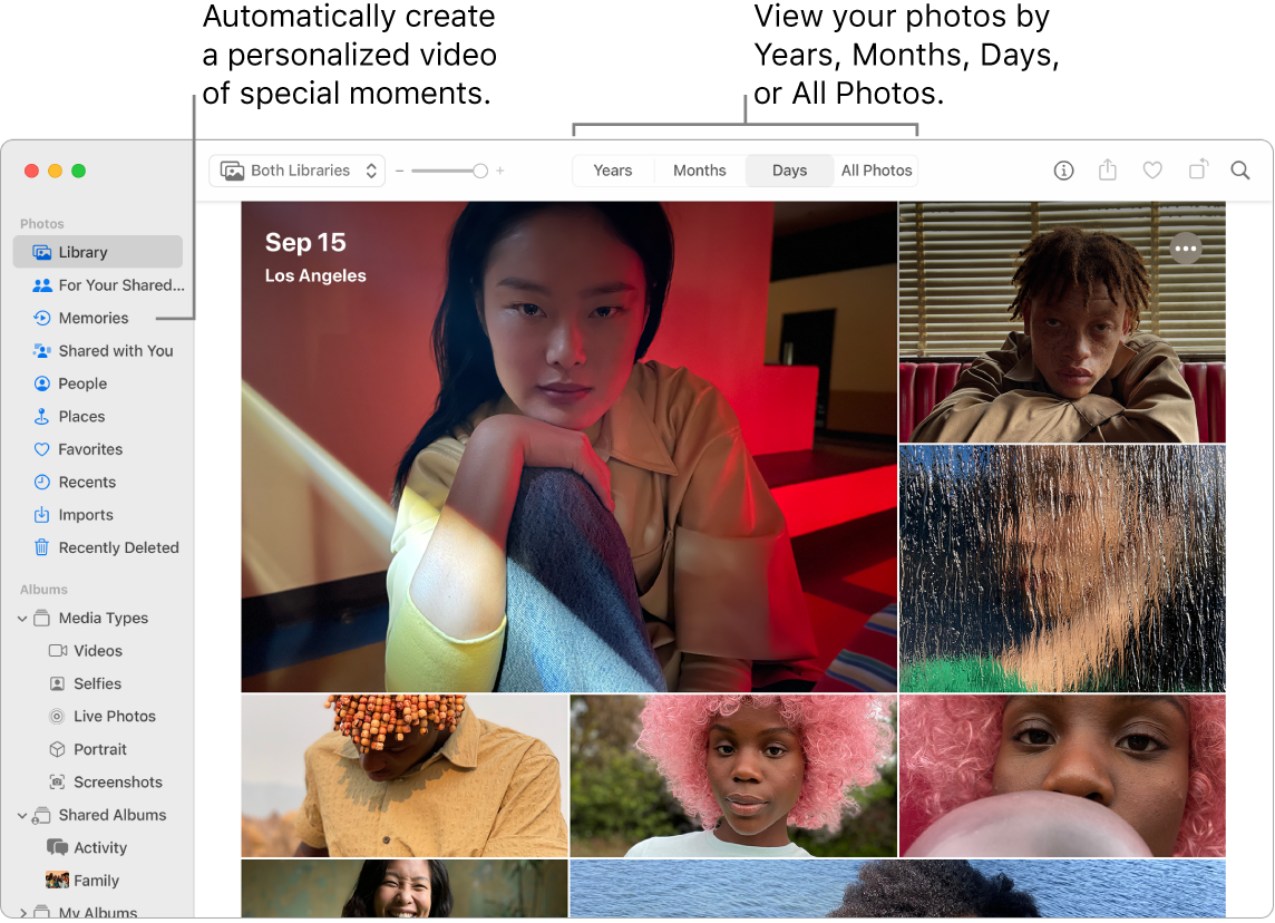 The Photos window showing the Memories feature in the left sidebar and the pop-up menu at the top of the Photos window where you can view the photos in your album by day, month, and year.