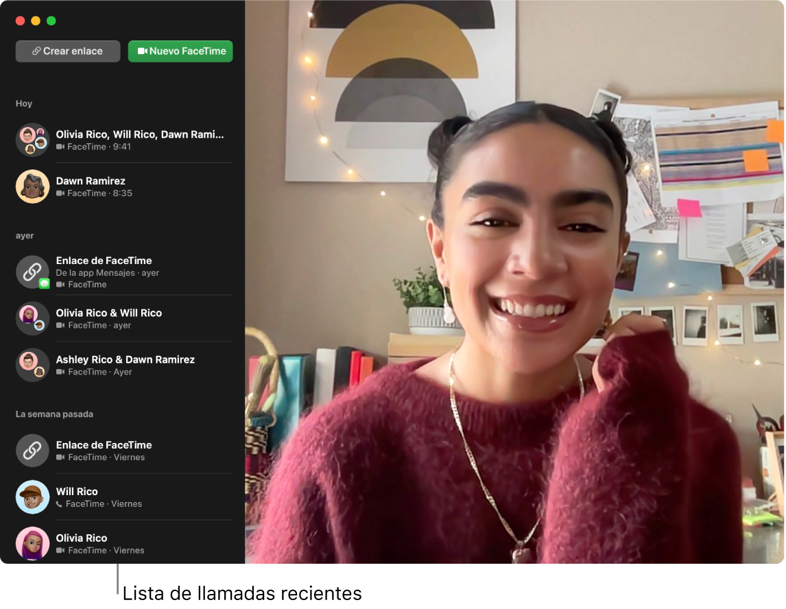 Una ventana de FaceTime mostrando botones para crear un enlace para una llamada de FaceTime o para iniciar una nueva llamada de FaceTime, además de una lista de llamadas recientes.