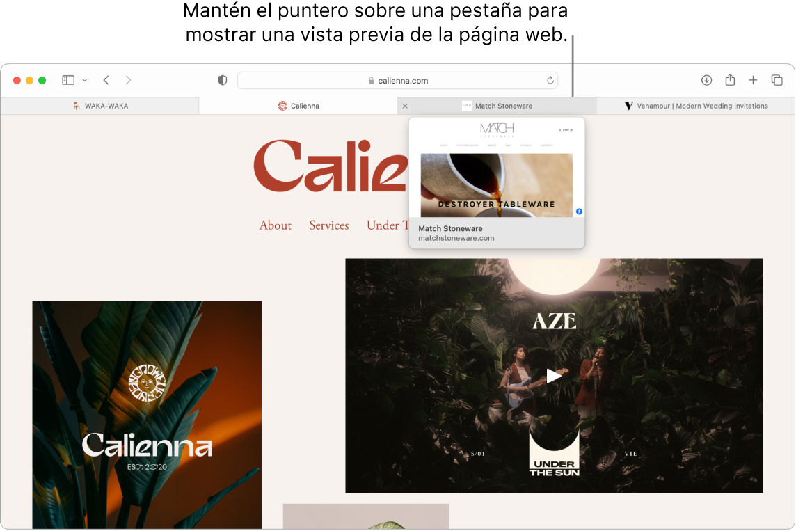 Una ventana de Safari con una página web activa titulada Calienna junto con tres pestañas adicionales y texto indicando una vista previa de la pestaña Match Stoneware con el texto Coloca el puntero sobre una pestaña para ver una vista previa de la página web.