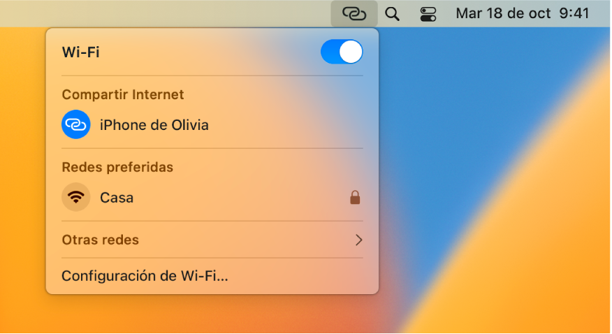 Pantalla de la Mac con el menú Wi-Fi mostrando una conexión de Compartir Internet con un iPhone.