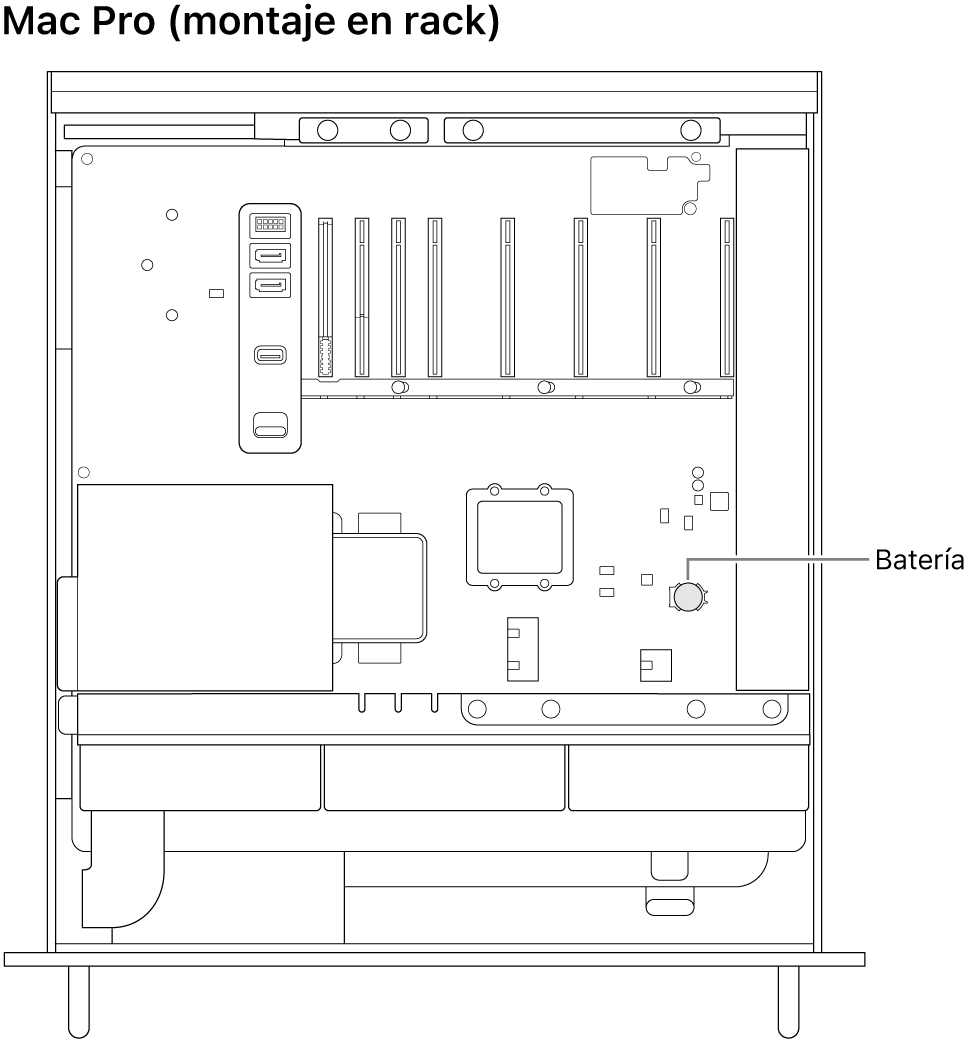 Vista lateral abierta del Mac Pro que señala la ubicación de la batería de botón.