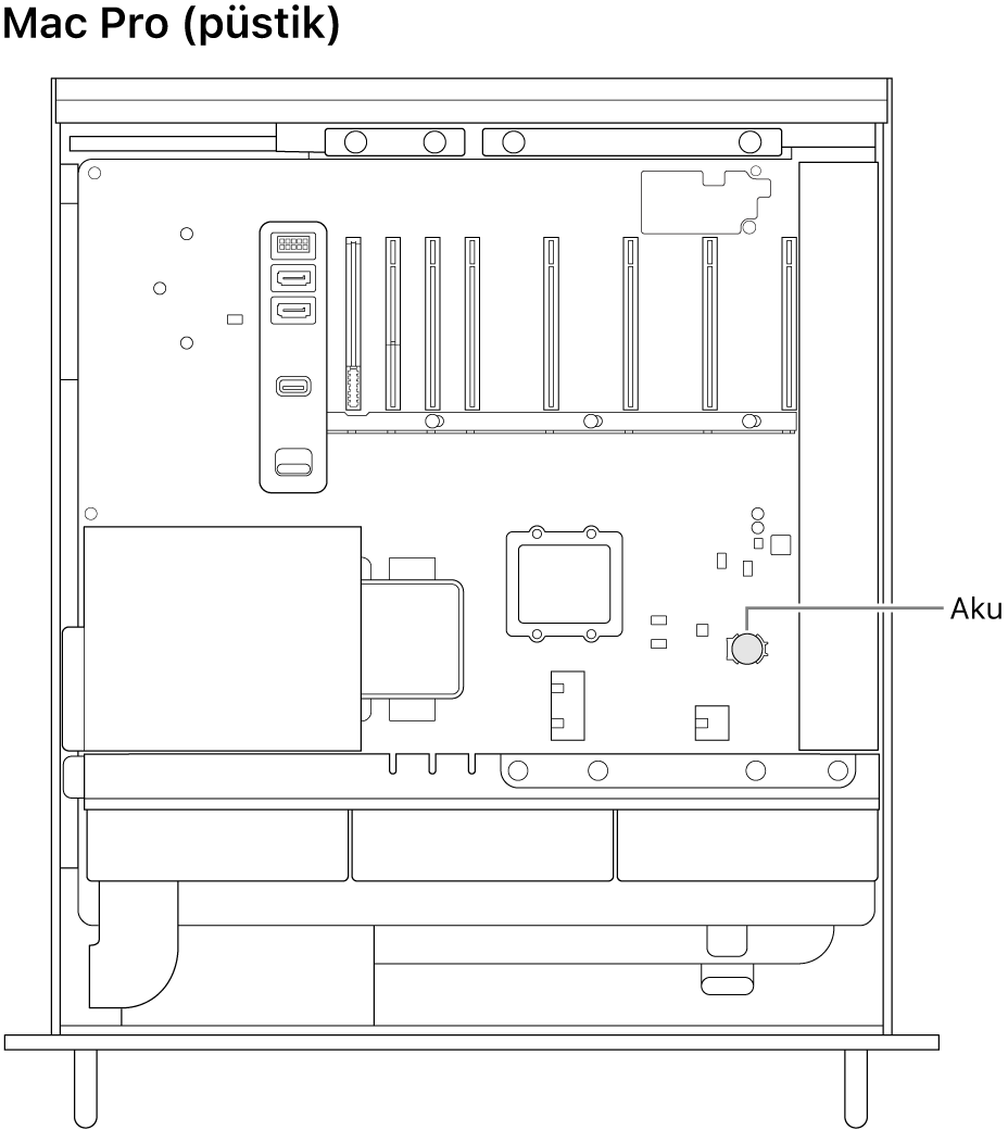 Mac Pro avatud küljevaade, millel näidatakse nööppatarei asukohta.