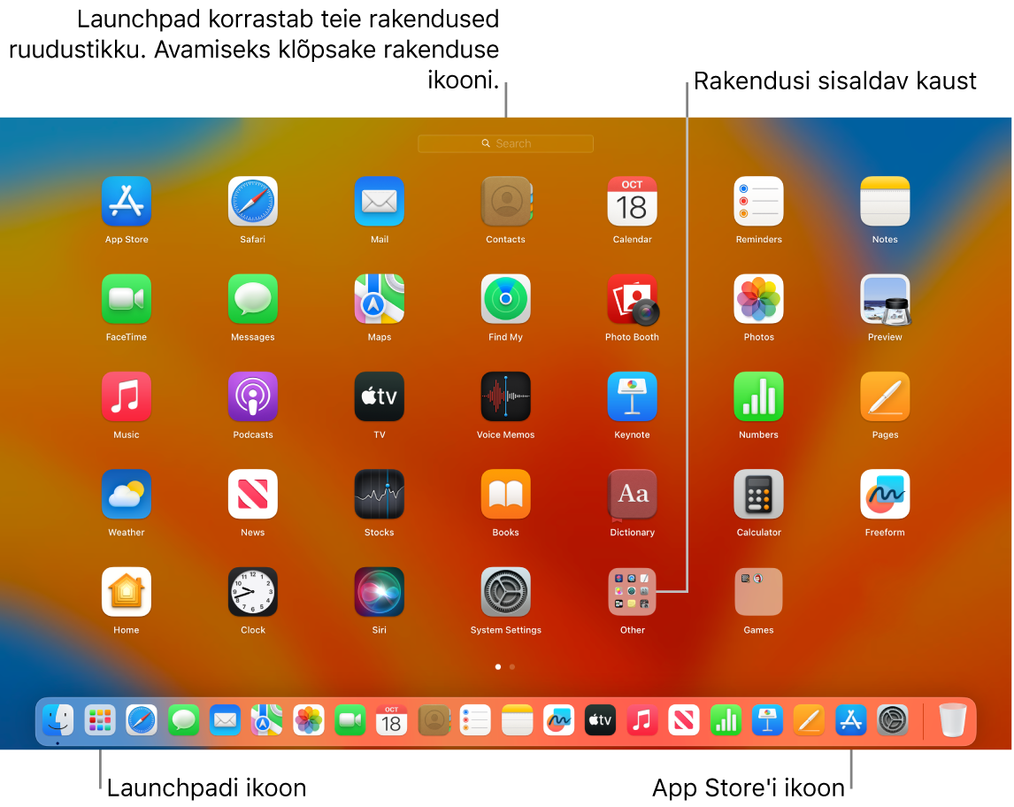 Maci kuva avatud Launchpadiga, kus kuvatakse Launchpadi rakenduste kausta ning Dock-ribal Launchpadi ja App Store'i ikoone.