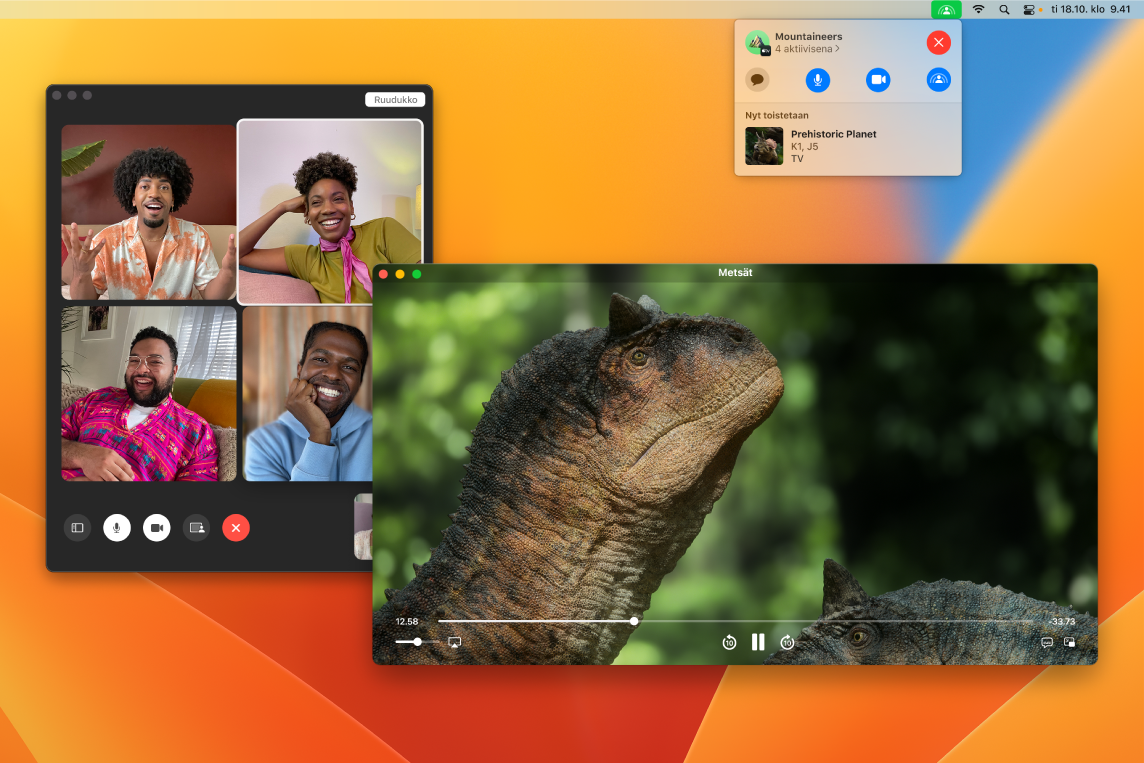 Jaetut katselujuhlat, joissa katsotaan Prehistoric Planetin jaksoa Apple TV -apin ikkunassa ja FaceTime-ikkunassa näkyvät katsojat.