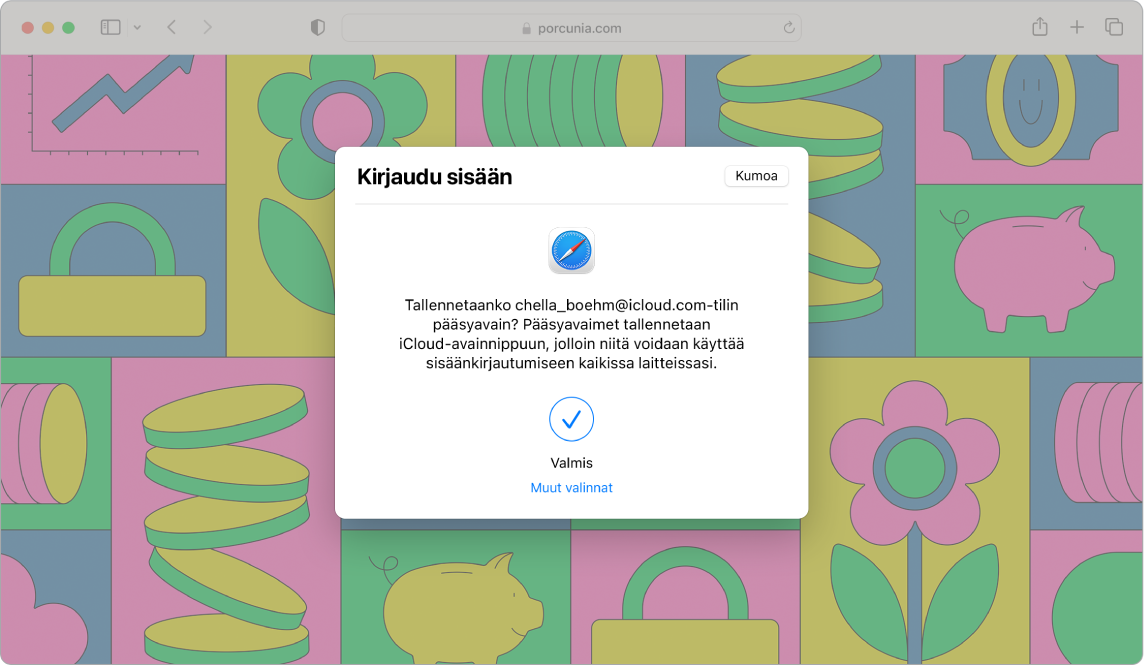 Safari-ikkuna, jossa näkyy Kirjaudu sisään -valintaikkuna, jossa kysytään, haluaako käyttäjä tallentaa pääsyavaimen. Valintaikkunassa lukee, että pääsyavaimet on tallennettu iCloud-avainnippuun ja että ne ovat käytettävissä kirjautumista varten kaikissa laitteissa. Sininen merkki ilmoittaa, että pääsyavain on luotu. Näytöllä näkyy linkki Muut valinnat -kohtaan pääsyavaimen luontia varten.