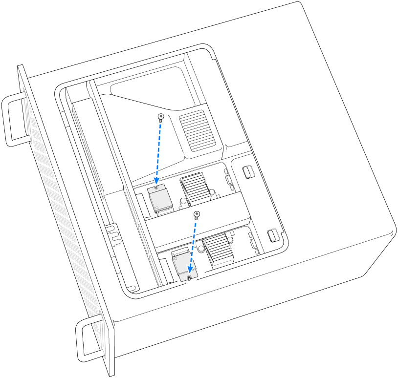  Deux vis en cours d’installation sur les modules SSD.