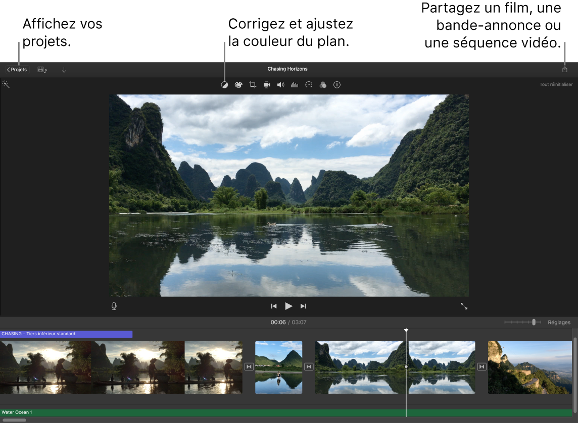 Une fenêtre d’iMovie présentant les boutons pour afficher des projets, corriger et ajuster les couleurs, et partager votre film, votre bande-annonce ou votre vidéo.