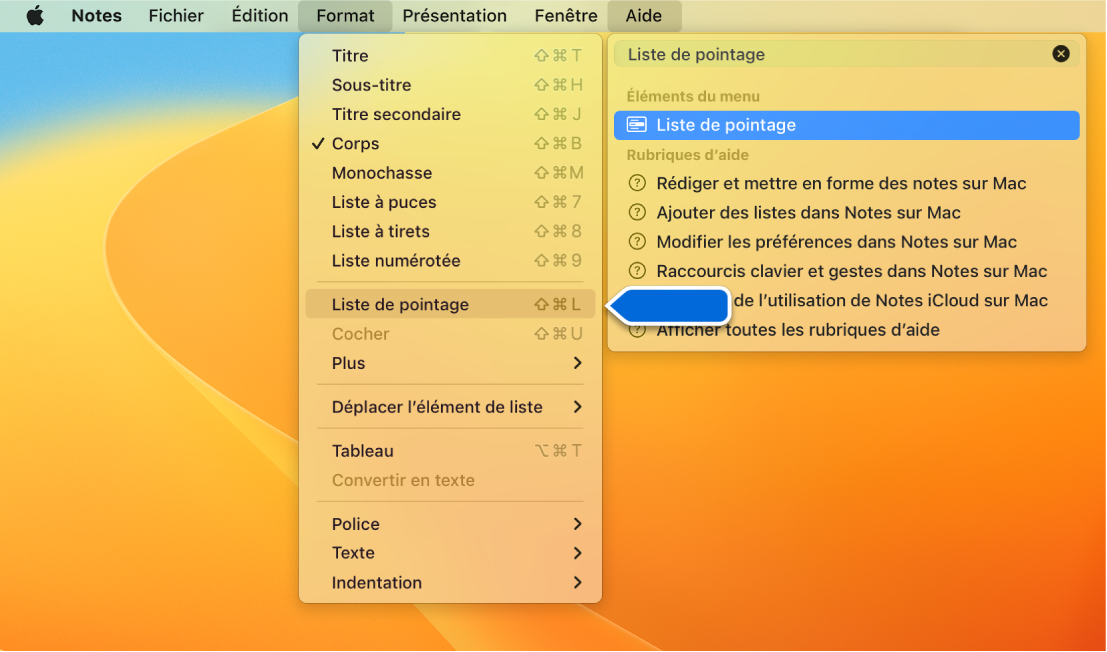 Le menu Aide affichant une recherche de « checklist » (liste de pointage) avec Liste de pointage surligné dans le menu Format.