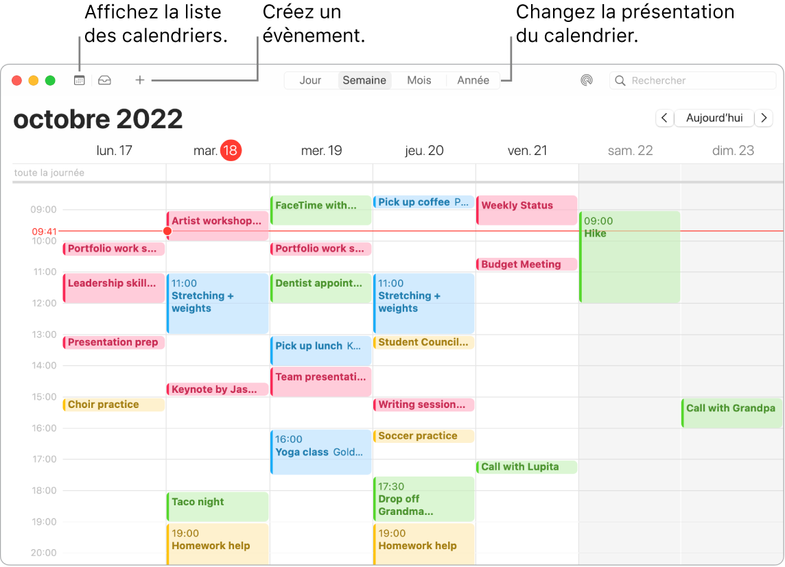 Une fenêtre de Calendrier affichant la liste des calendriers et indiquant comment créer un évènement et choisir une présentation par jour, par semaine, par mois ou par année.