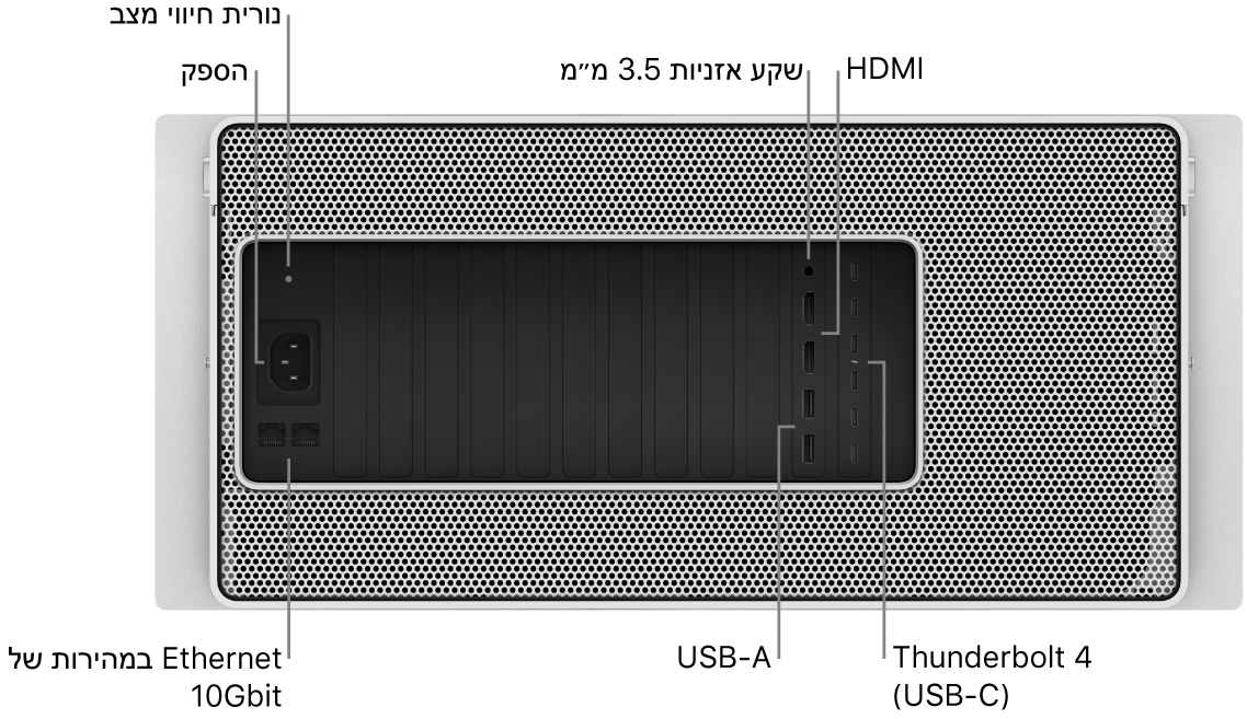 מבט מאחור על Mac Pro המציג את שקע החשמל, נורית מחוון המצב, מחבר אוזניות 3.5 מ״מ, שתי יציאות HDMI, שש יציאות Thunderbolt 4 ‏(USB-C) ושתי יציאות USB-A ושתי יציאות Ethernet של 10 ג׳יגה-סיביות/שניה.