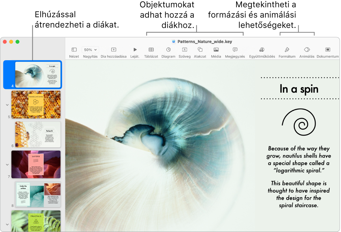 A Keynote ablaka a dianavigátorral és a diák átrendezésére szolgáló lehetőségekkel a bal oldalon, az eszközsor a szerkesztési eszközökkel a felső részen, az Együttműködés gombbal a jobb felső sarokban és a Formázás és Animálás gombokkal a jobb oldalon.