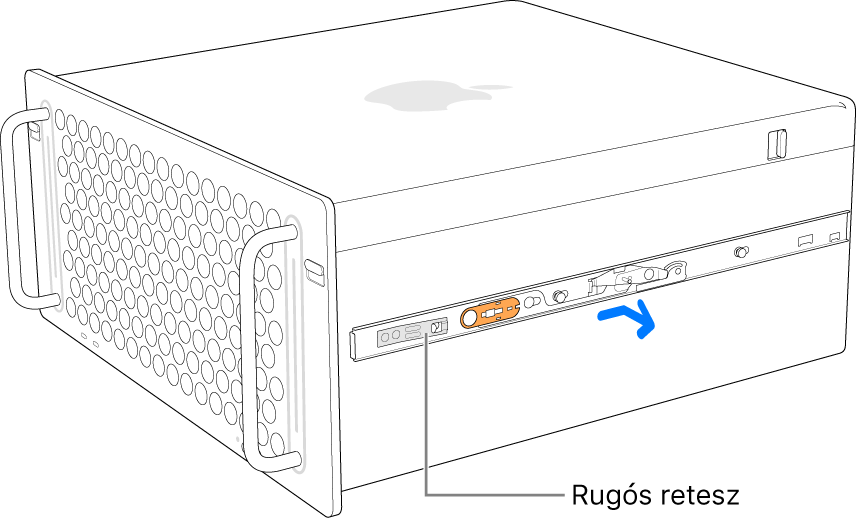 Egy sín eltávolítása a Mac Pro oldaláról.