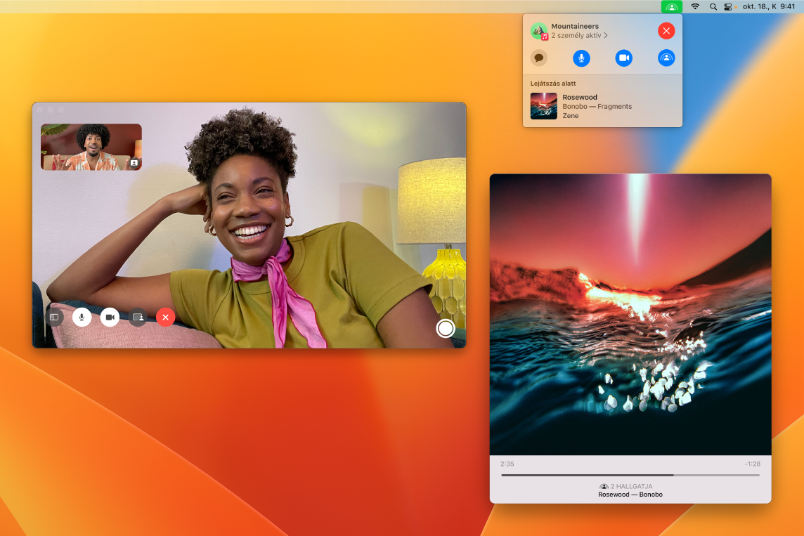 Közös zenehallgatás a FaceTime ablakában látható hallgatókkal és a dalt lejátszó Zene app ablakával.