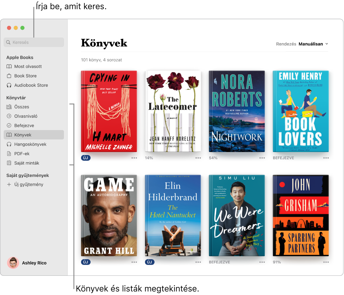 A Könyvek app ablaka, amelyben látható a könyvek megtekintése, a válogatott tartalom áttekintése és a keresés.