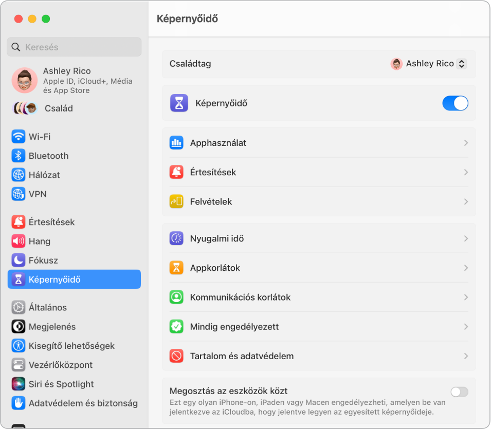  Egy Képernyőidő-beállítások ablak az Apphasználat, Értesítések és Felvételek opciókkal, valamint a Képernyőidő kezelésére vonatkozó beállításokkal (pl. Nyugalmi idő ütemezése, App- és kommunikációs korlátok beállítása stb.)