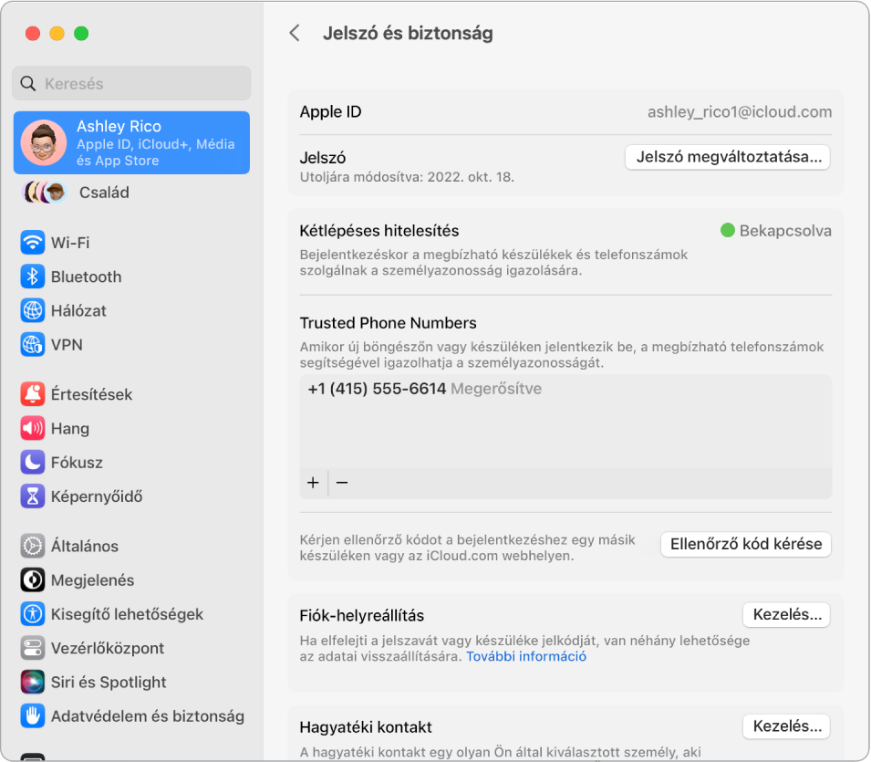 A Jelszó és biztonság rész a Rendszerbeállítások Apple ID menüjében. Itt megadhatja a Fiók-helyreállítás és a Hagyatéki kontakt beállításait.