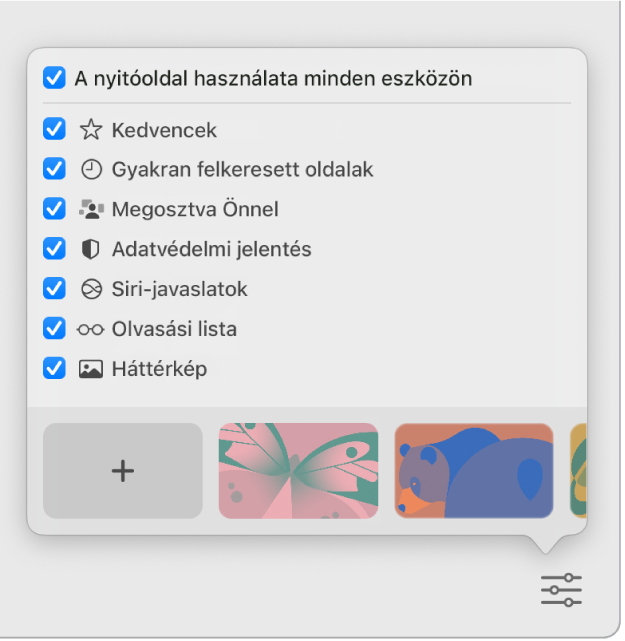 A Safari testreszabása előugró menü a Kedvencek, a Gyakran felkeresett oldalak, az Önnel megosztva, az Adatvédelmi jelentés, a Siri-javaslatok, az Olvasási listák és a Háttérkép beállítások jelölőnégyzeteivel.