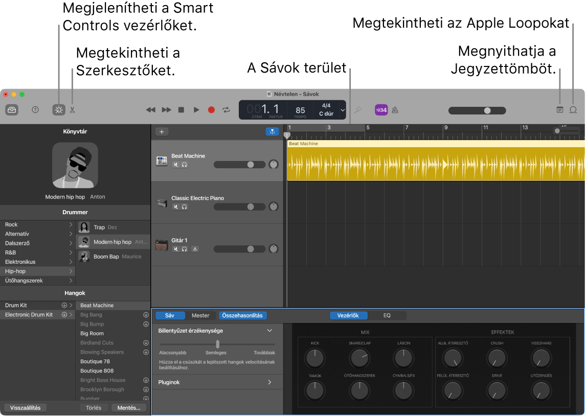 Egy GarageBand-ablak, amelyben az Intelligens vezérlők, a Szerkesztők, a Jegyzetek és az Apple Loopok elérésére szolgáló gombok láthatóak. A sávok nézete is látható.