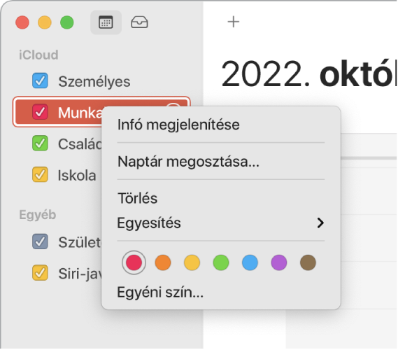 Naptár helyi menü a naptár színének testreszabásához választható beállításokkal.