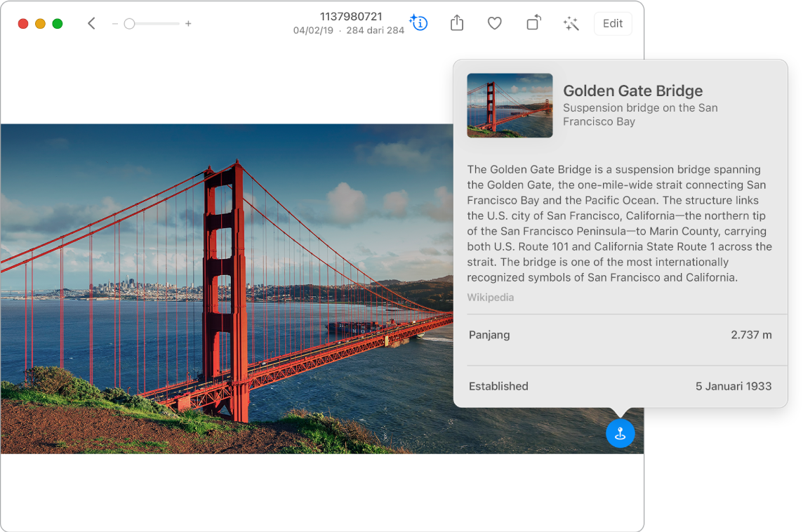 Foto Golden Gate Bridge. Pop-up menampilkan informasi mengenai jembatan tersebut.