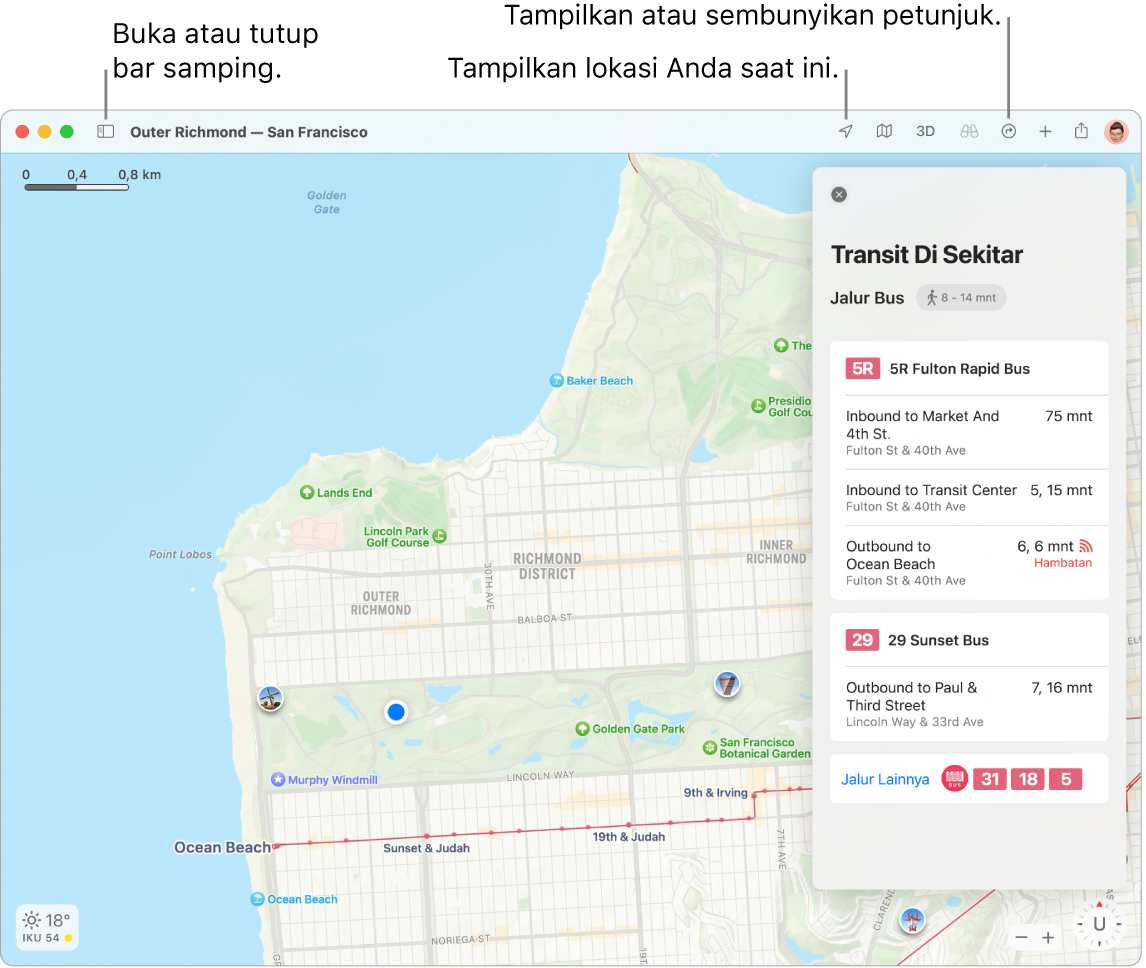 Jendela Peta menampilkan cara mendapatkan petunjuk arah dengan mengeklik tujuan di bar samping, cara membuka atau menutup bar samping, dan cara menemukan lokasi Anda saat ini di peta.