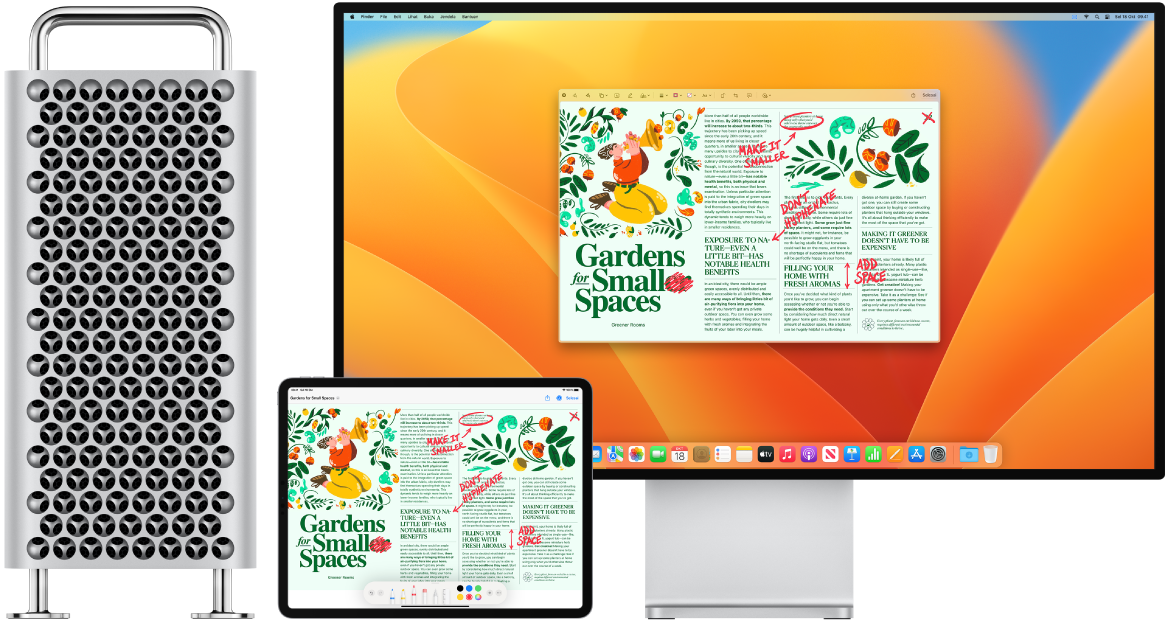 Mac Pro dan iPad berdampingan. Kedua layar menampilkan artikel yang penuh dengan pengeditan berwarna merah yang ditulis tangan, seperti kalimat yang dicoret, panah, dan tambahan kata. iPad juga memiliki kontrol markah di bagian bawah layar.