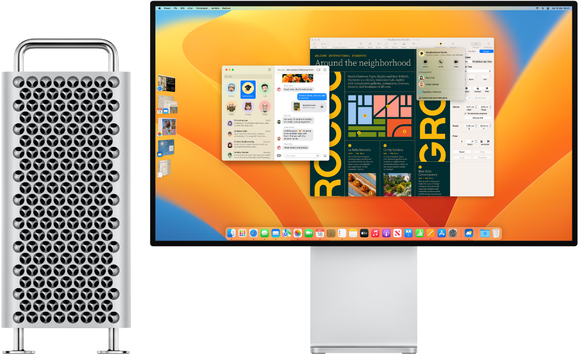 Mac Pro tersambung ke Pro Display XDR, dengan desktop yang menampilkan Pusat Kontrol dan beberapa app yang terbuka.