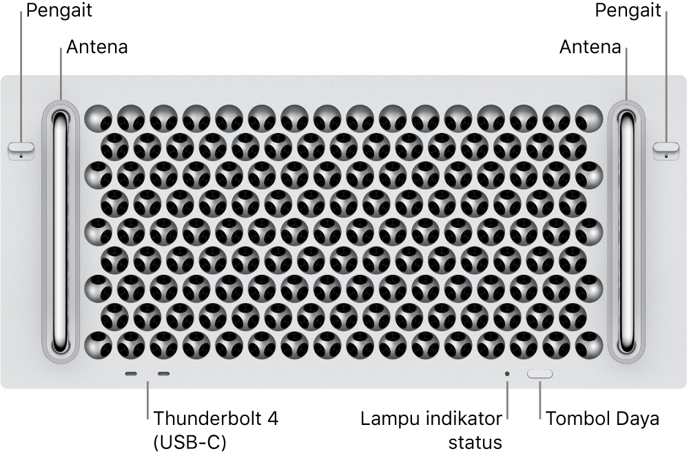 Bagian depan Mac Pro menampilkan dua kait, dua antena, tombol daya, lampu indikator lampu status, dan dua port Thunderbolt 4 (USB-C).