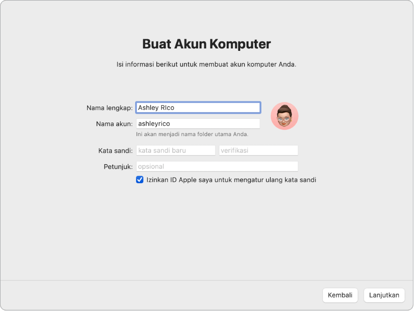 Layar dari Asisten Pengaturan yang bertuliskan “Buat Akun Komputer”.