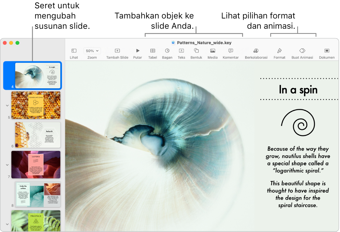 Jendela Keynote menampilkan navigator slide di kiri dan cara menyusun ulang slide, bar alat dan alat pengeditannya di bagian atas, tombol Kolaborasi di dekat kanan atas, serta tombol Format dan Animasikan di kanan.