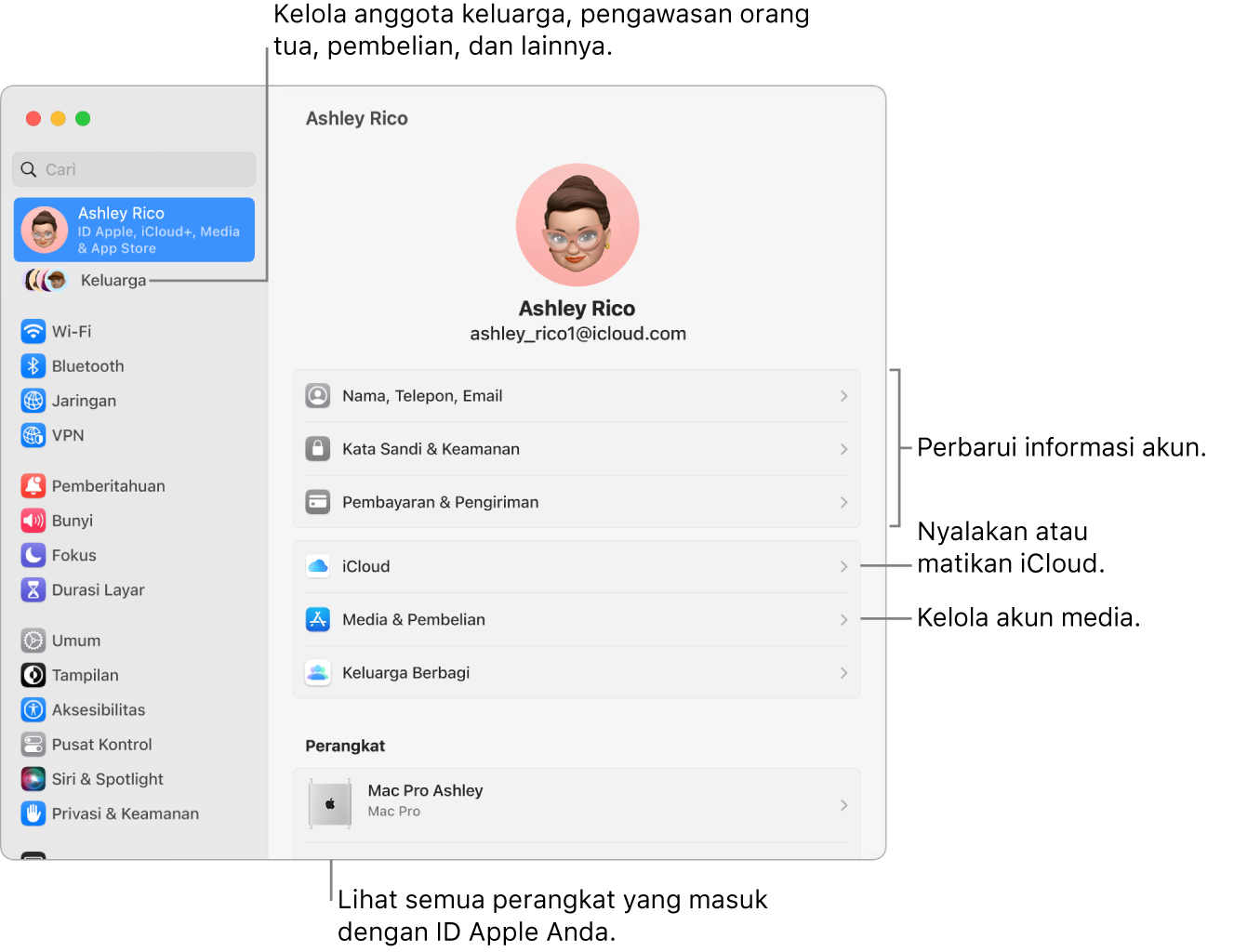 Panel ID Apple di Pengaturan Sistem dengan keterangan untuk memperbarui informasi akun, menyalakan atau mematikan fitur iCloud, mengelola akun media, dan Keluarga, tempat Anda dapat mengelola anggota keluarga, pengawasan orang tua, pembelian, dan lainnya.