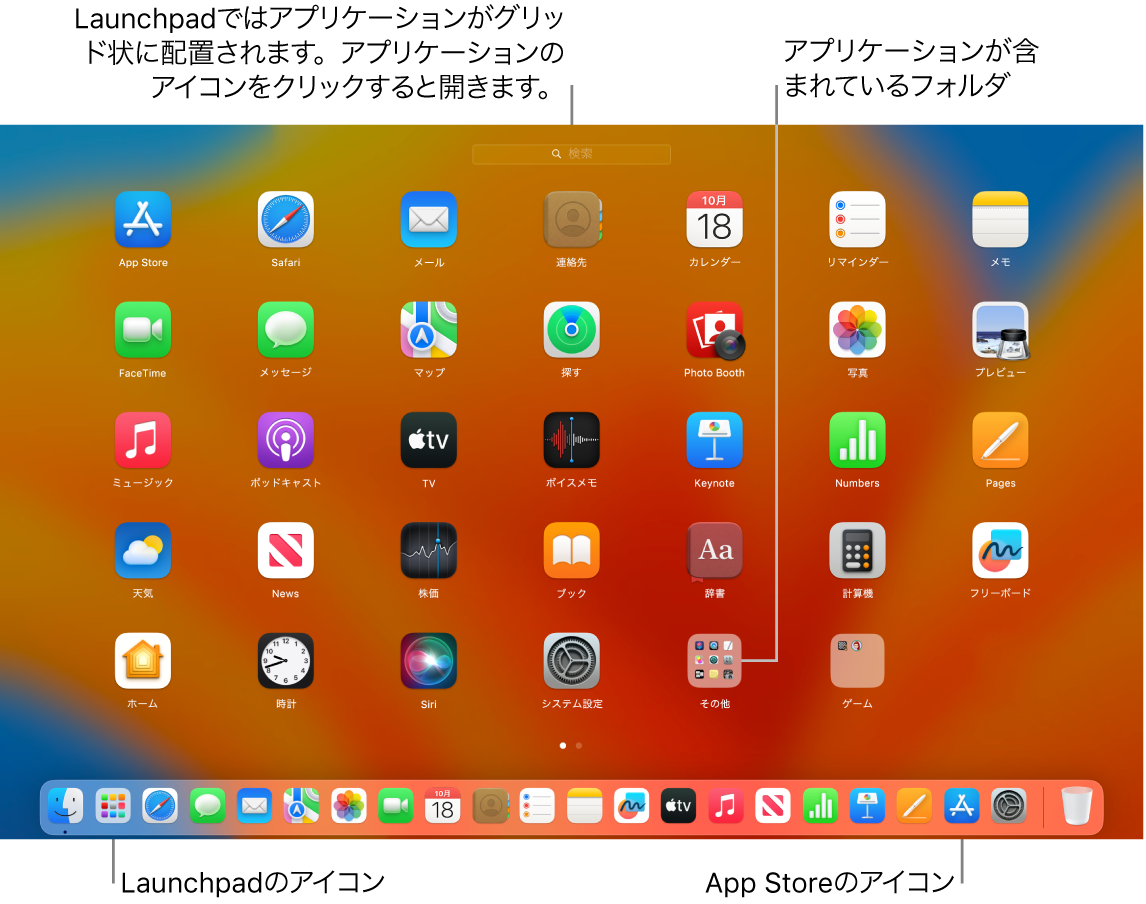 Macの画面。Launchpadが開いていて、Launchpad内のアプリケーションのフォルダ、およびDock内のLaunchpadアイコンとApp Storeアイコンが示されています。