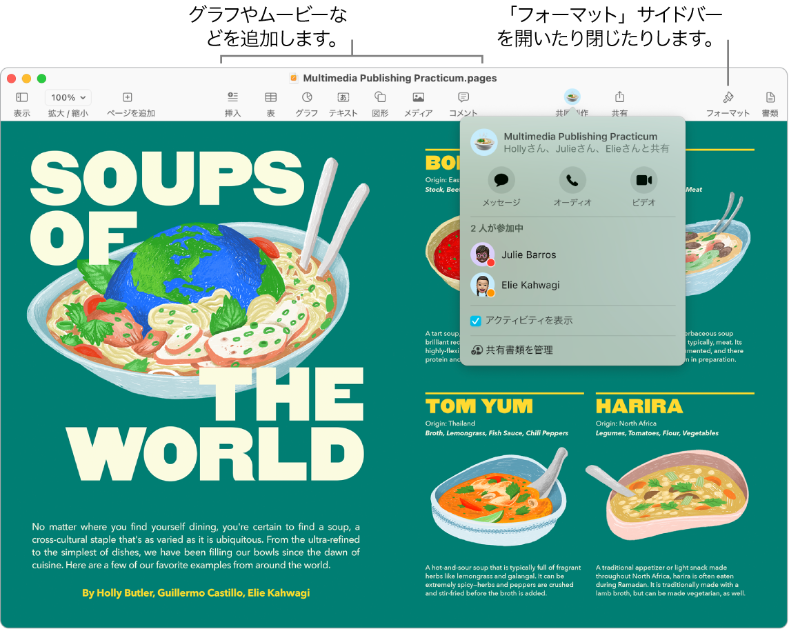 Pagesウインドウ。ツールバーの「共同制作」ボタンの下にアクティビティストリームが表示され、2人のメンバーがアクティブになっています。グラフやムービーなどを追加するツールバーのボタンへのコールアウトと、「フォーマット」サイドバーを開閉するボタンへのコールアウトがあります。