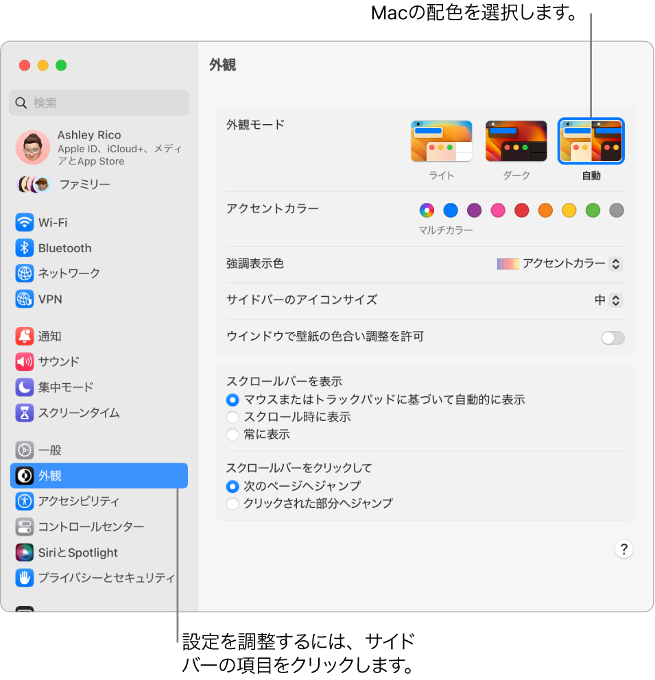 「システム設定」の「外観モード」設定。