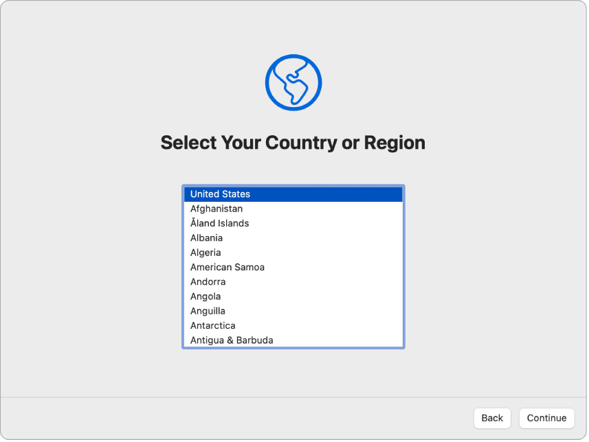 „Setup Assistant“ ekranas, kuriame rodomos naudotojo šalies ar regiono pasirinkimo parinktys.