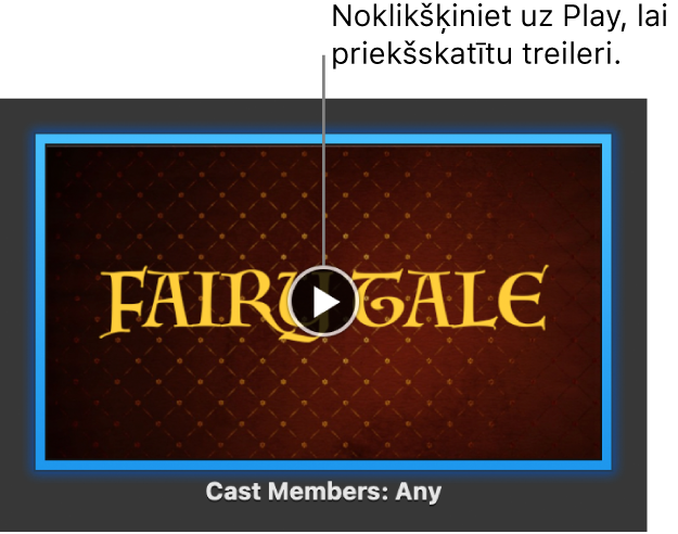 Lietotnes iMovie treilera ekrānā redzama poga Play.