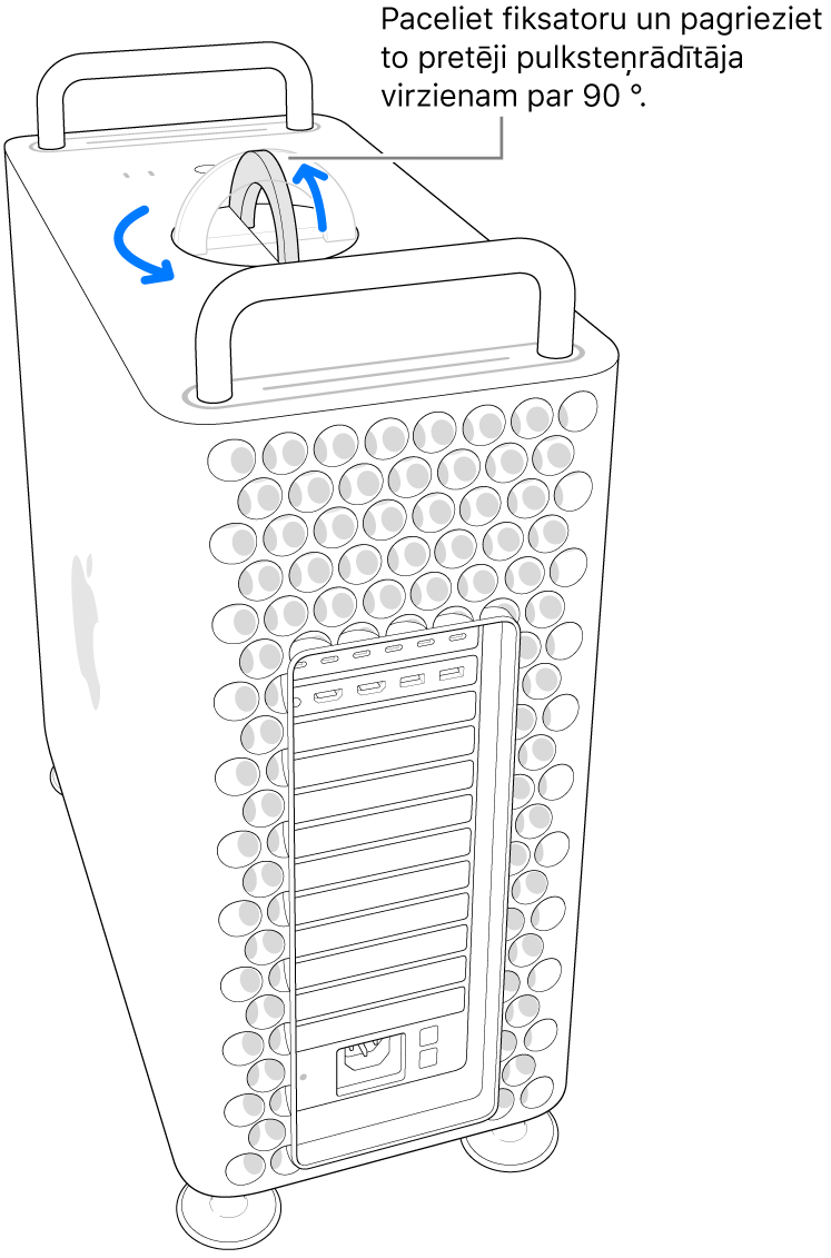 Pirmā darbība datora ietvara noņemšanai, paceļot fiksatoru un pagriežot to par 90 grādiem.